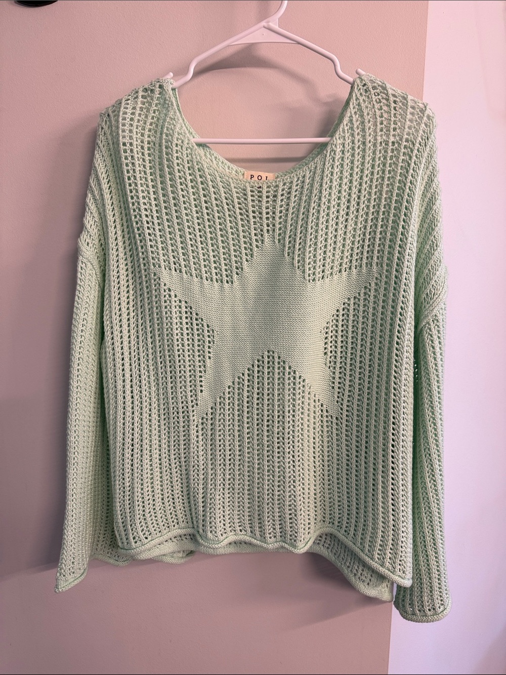 POL Pale Mint Open-Knit Star Crewneck Sweater